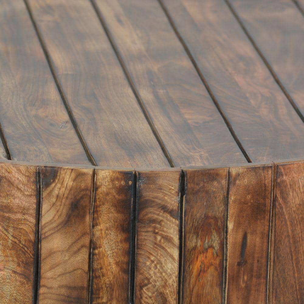 Burned Brown Mango Wood 34" Round Coffee Table with Plank Design