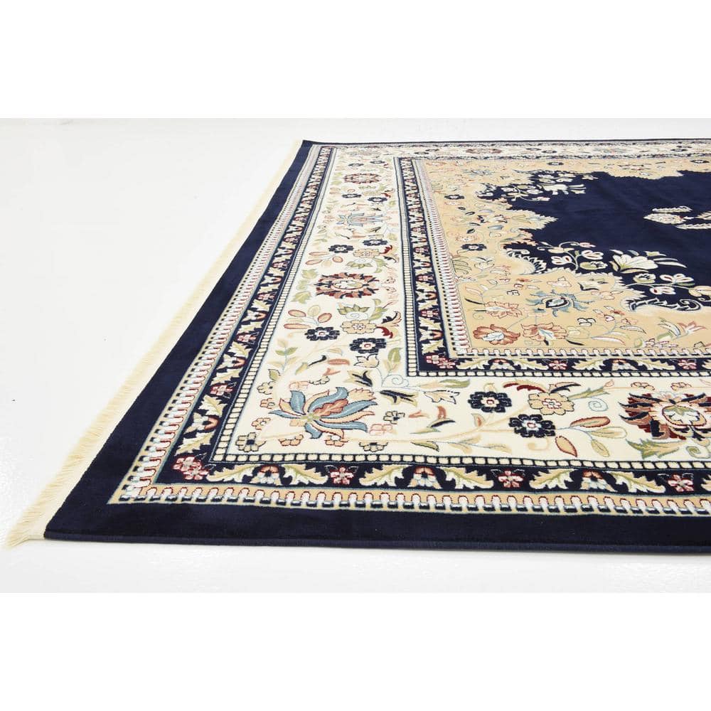 Elegant Navy Blue Floral 10' x 13' Synthetic Rectangular Rug