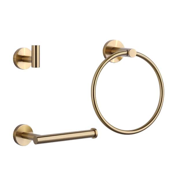 3-Piece Bath Hardware Set with Mounting Hardware with Towel Ring, Toilet Paper Holder, and Towel Hook in Brushed Gold