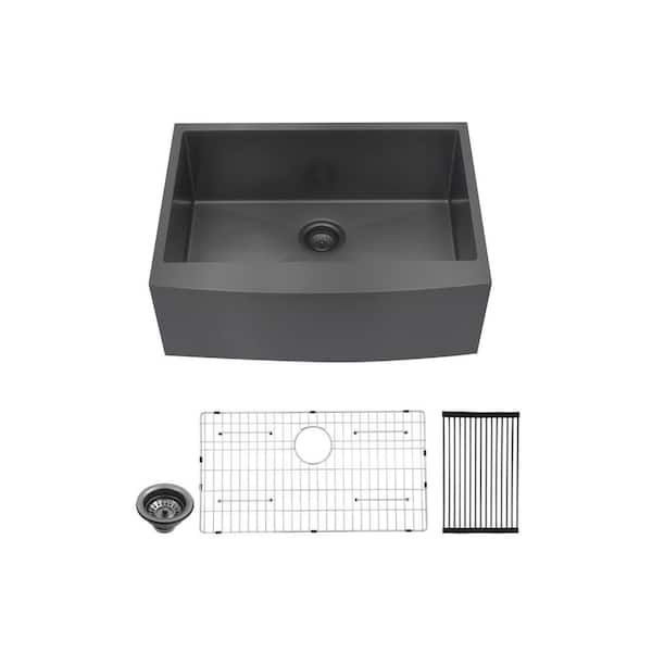 Sarlai 24 in. Farmhouse Apron Single Bowl Nickel 16 Gauge Stainless Steel Kitchen Sink with Bottom Grid