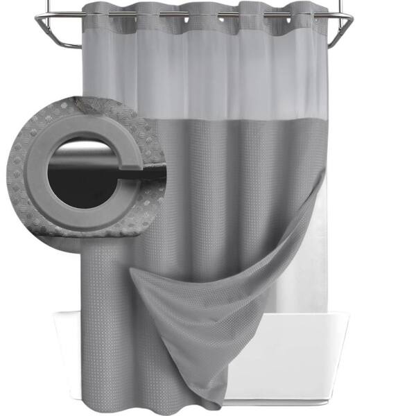 No Hook  75 in. L x 72 in. W Shower Curtain with Snap in Fabric Liner Set, Waffle Shower Curtain, Gray