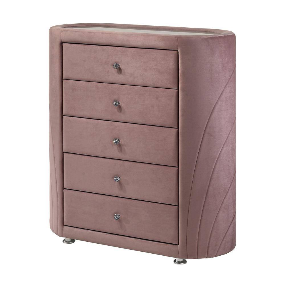 Acme Furniture 5-Drawer Salonia Pink Velvet Dresser 19 in.