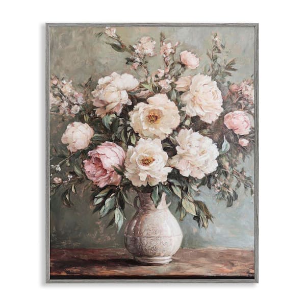 Stupell Industries Pink Peonies Ornate Vase by Petal Prints Design Gray Framed Nature Giclee Art Print 30 in. x 24 in.