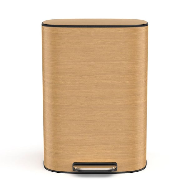 Misopily 13 Gal. Metal Household Trash Can with Foot Pedal Operation, Soft Close Lid in Light Brown Wood