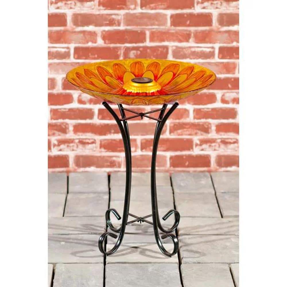 Solar Floral Glass Bird Bath with Metal Stand