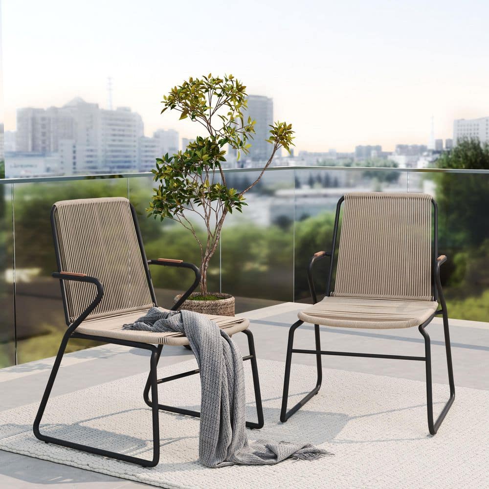 2-Piece Black Metal Modern Outdoor Dining Chair with Light Brown