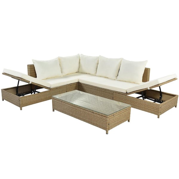 Zeus & Ruta 3-Piece Wicker Outdoor Sectional Set with Beige Cushion Adjustable Chaise Lounge Frame and Glass Table