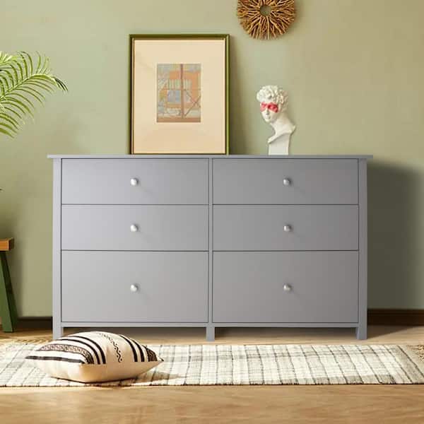 VEIKOUS Grey 6-Drawer Chest of Drawers Long Storage Dresser with 2-Oversized Drawers (56 in. W x 32.4 in. H)
