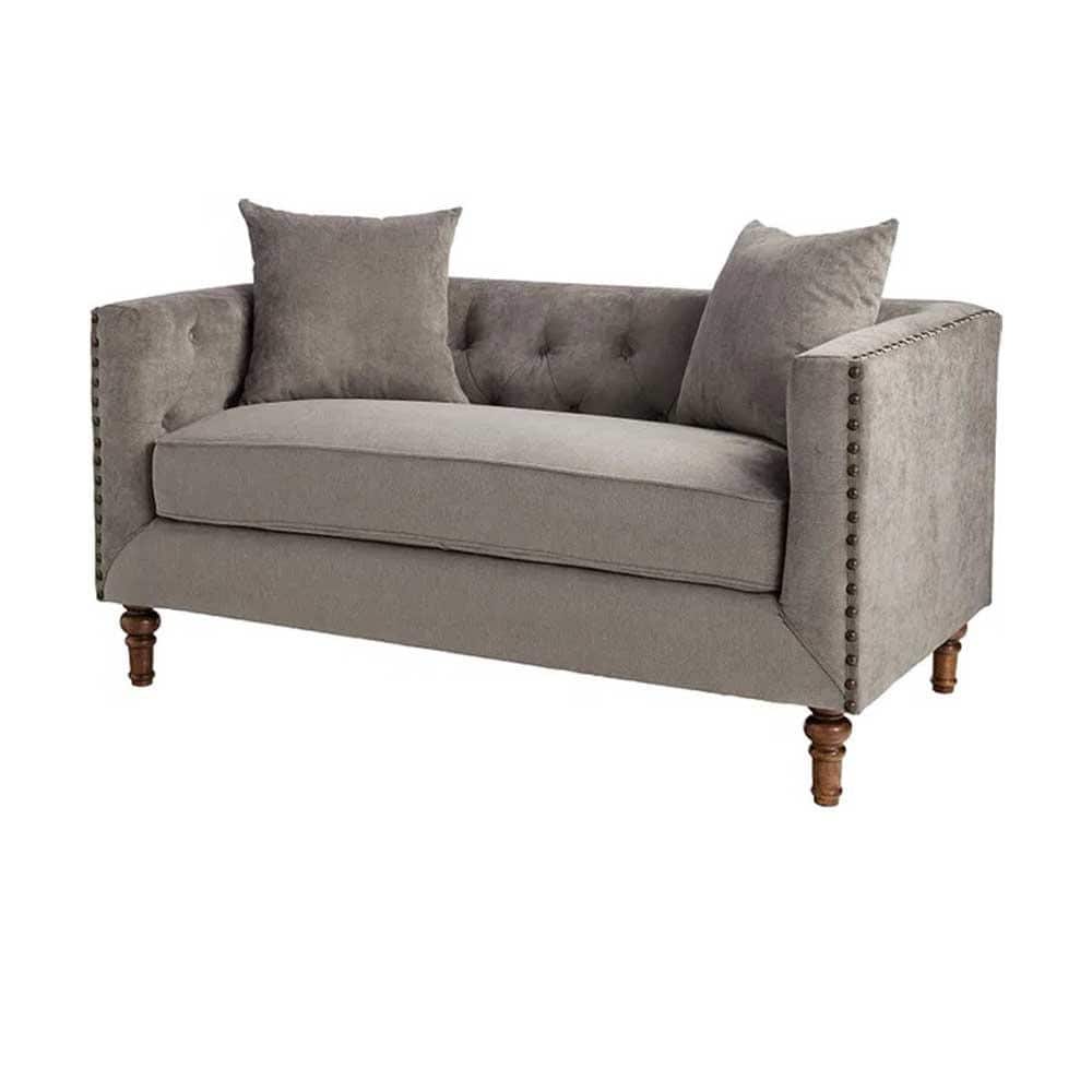Gray Velvet Tufted Loveseat with Nailhead Trim and Cup Holder