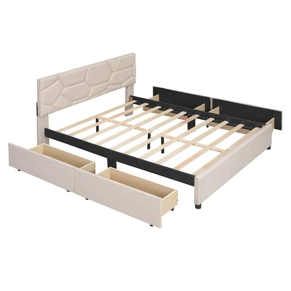 URTR Beige Linen Upholstered Wood Frame Queen Size Platform Bed with Storage Platform Bed Frame with Headboard and 4 Drawers