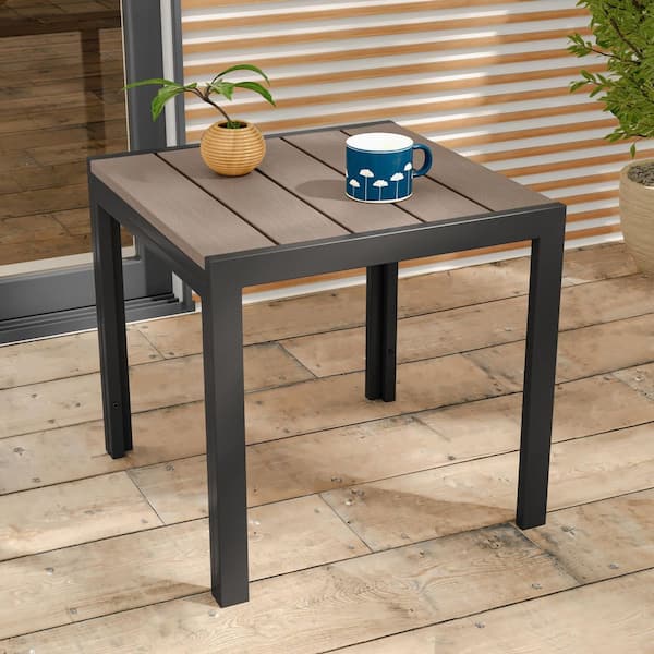 JOYESERY Square Brown Metal and Wood Grain Table Patio Outdoor Coffee Table