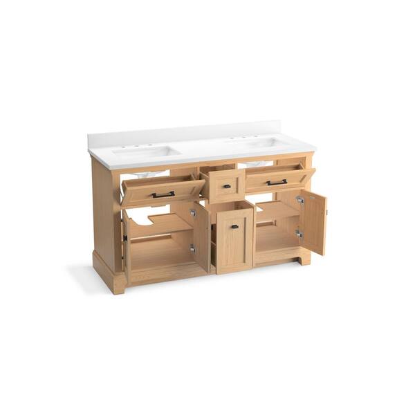 KOHLER Charlemont 60.75in. Double Sink Freestanding Light Oak Bath Vanity with White Quartz Top Assembled