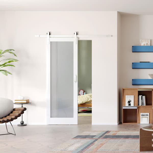 30 in. x 84 in. Full Lite Frosted Glass White Pre-assembled Panel MDF Brushed Nickel Sliding Barn Door with Hardware Kit