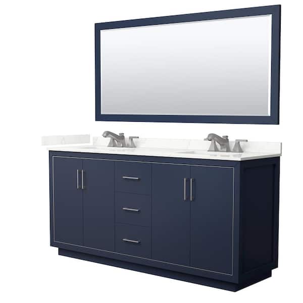 Wyndham Collection Icon 72 in. W x 22 in. D x 35 in. H Double Bath Vanity in Dark Blue with Giotto Quartz Top and 70 in. Mirror