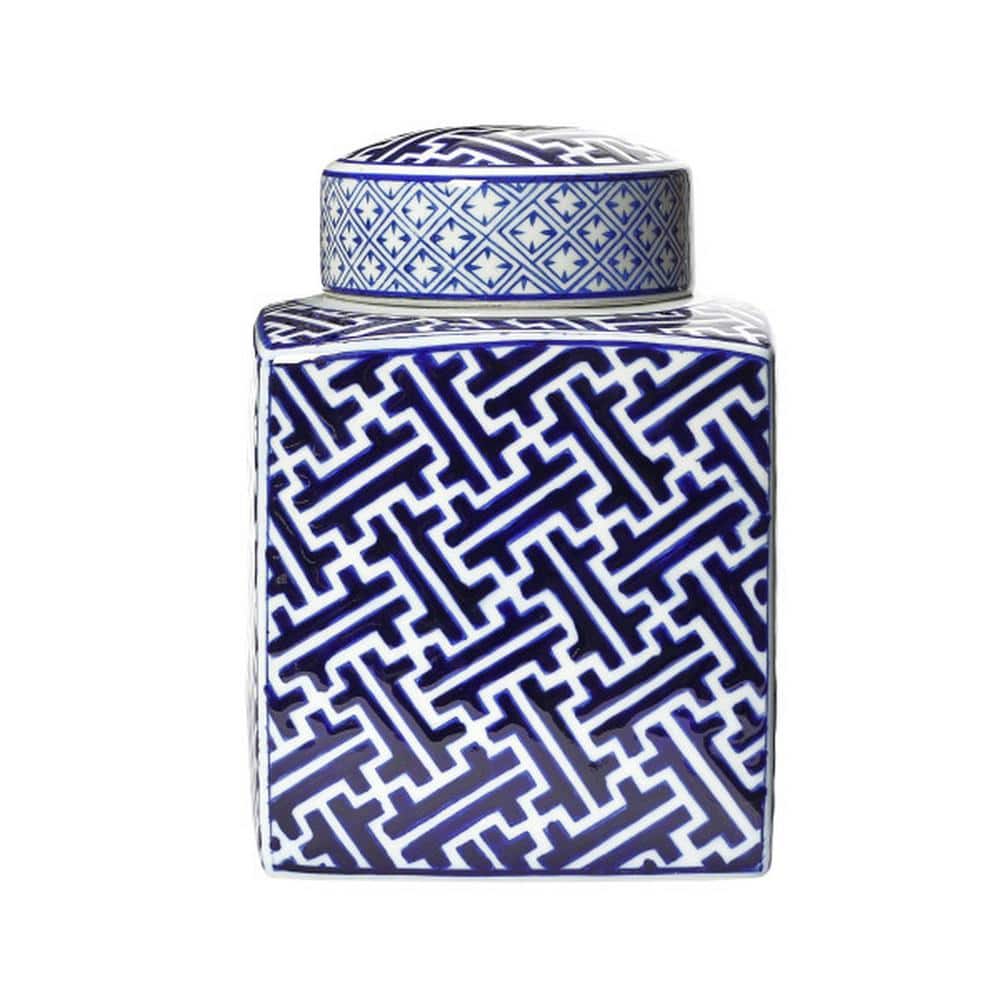 Blue and White Ceramic Ginger Jar with Lid