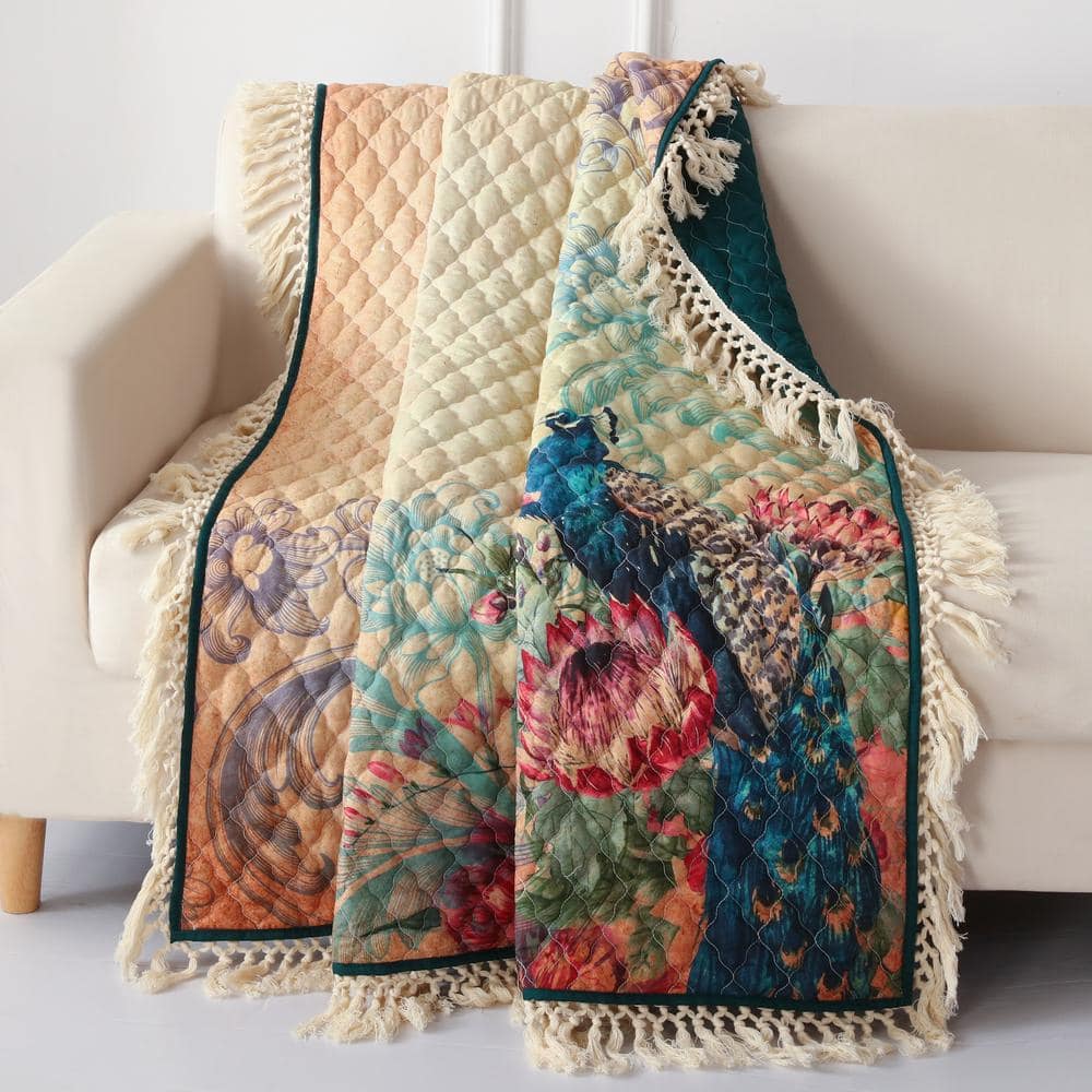 King Size Colorful Cotton Crocheted Peacock Quilt