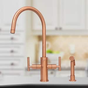 2-Handles Standard Kitchen Faucet with Side Spray in Brushed Copper