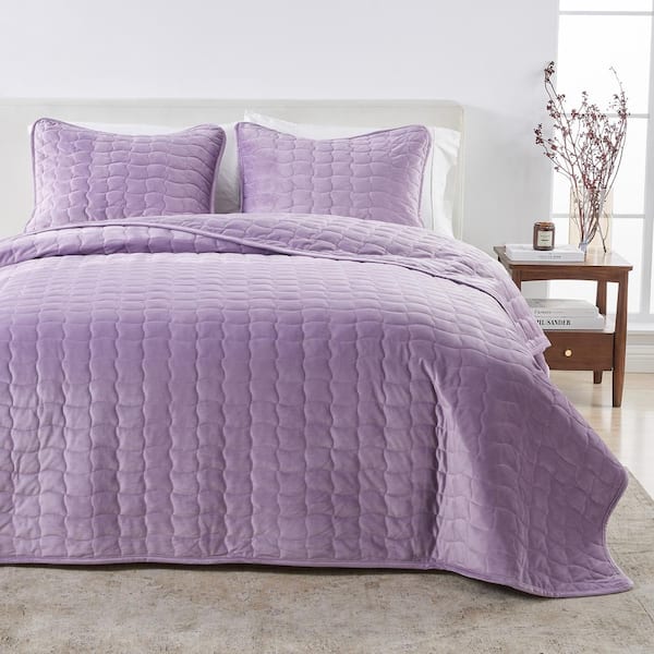 FRESHFOLDS Purple Luxury Velvet Polyester Stitched 2-Piece Quilt Set, Twin/Twin XL