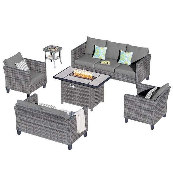 New Star Gray 6-Piece Wicker Patio Rectangle Fire Pit Conversation Seating Set with Dark Gray Cushions
