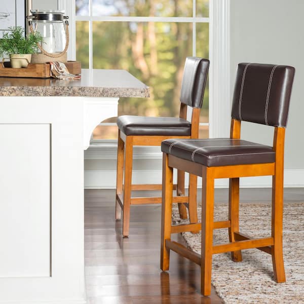 Milano 24.8 in. Brown High Back Wood Counter Stool with Faux Leather Seat