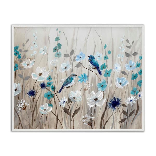 Stupell Industries Birds Floral Meadow Blossoms by Nan 1-Piece White Framed Nature Giclee Art Print 30 in. x 24 in.