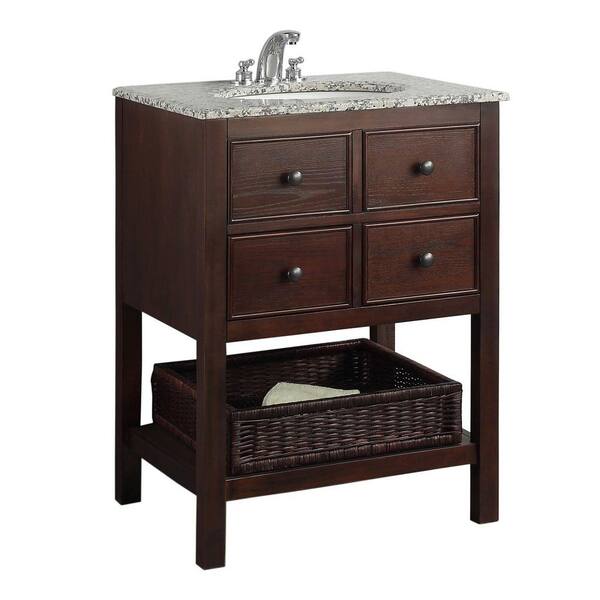 Simpli Home Burnaby 24 in. Vanity in Walnut Brown with Granite Vanity Top in Dappled Grey and Undermounted Oval Sink