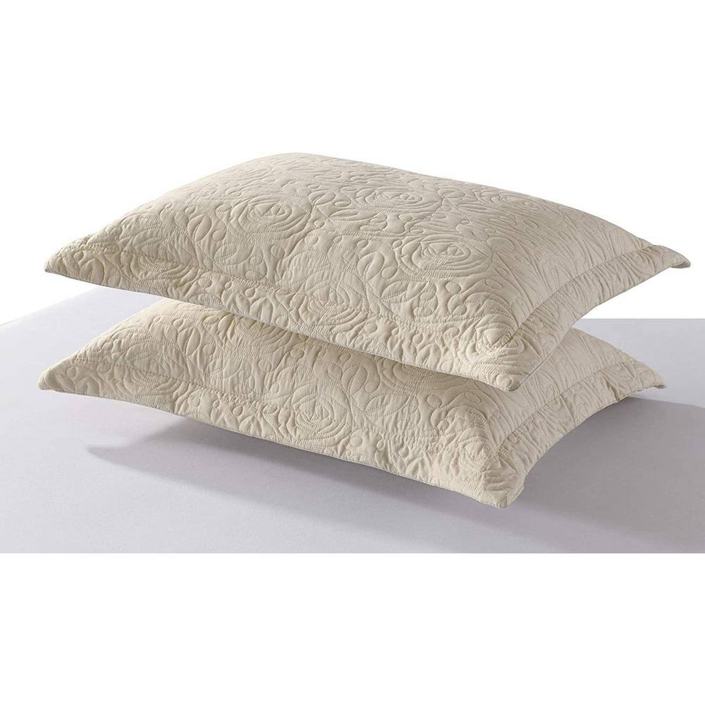 Beige Embroidered Cotton Polyester Standard Pillow Shams, Set of 2