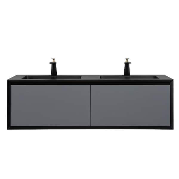 FUNKOL 59.1 in. W x 20.7 in. D x 17.9 in. H Double Sink Luxury Flat Bath Vanity in Gray with Black Quartz Sand Top,LED Drawer