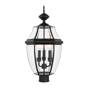 23.5 in. H 3-Light Black Metal Hardwired Outdoor Waterproof Post Lighting with Glass Shade, E12, No Bulbs Included