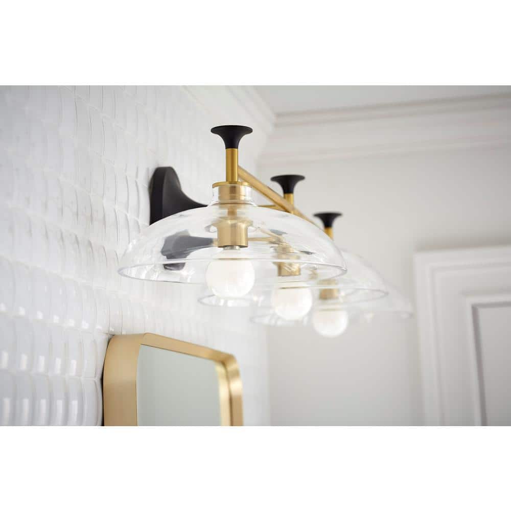 Black and Brass 31" Three-Light Sconce with Glass Shades