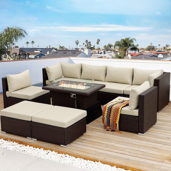 Morden 9 Piece Espresso Rattan Outdoor Deep Seating Sectional Sofa Set with Cream Cushions Fire Pit Table and Ottomans