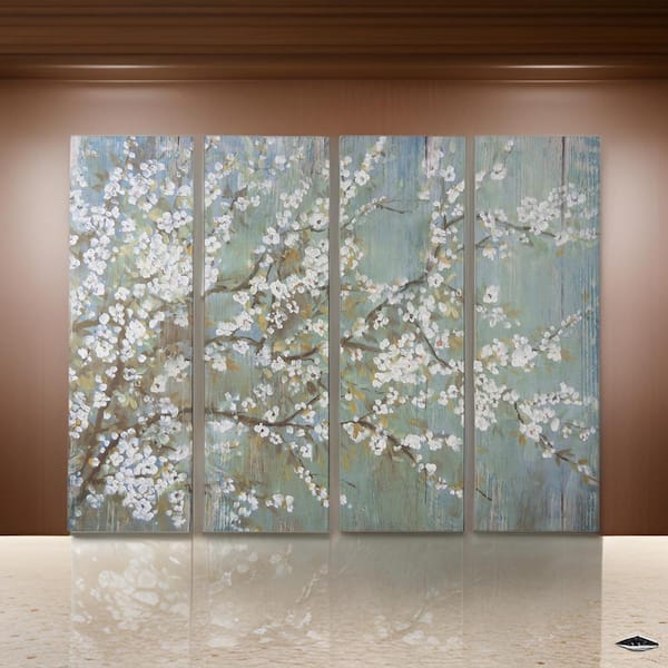 Benjara White, Green and Brown Wooden Framed Cherry Blossom Wall Art Canvas Print (Set of 4)