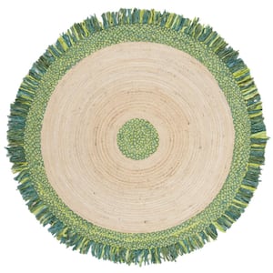 Cape Cod Green/Natural 6 ft. x 6 ft. Braided Fringe Border Round Area Rug