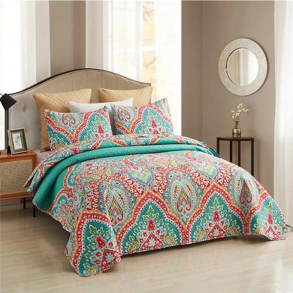 3-Piece King Size Microfiber European Floral Reversible Quilt Set