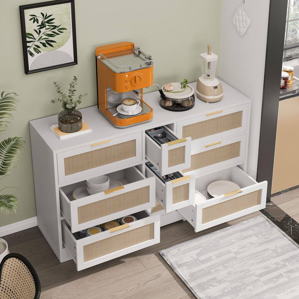 White and Light Wood Rattan Accent Cabinet with 9 Drawers