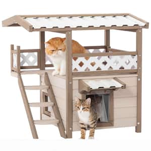 2 Story Design Feral Cat House Outdoor Indoor Kitty Houses with Durable PVC Roof, Escape Door, Curtain and Stair