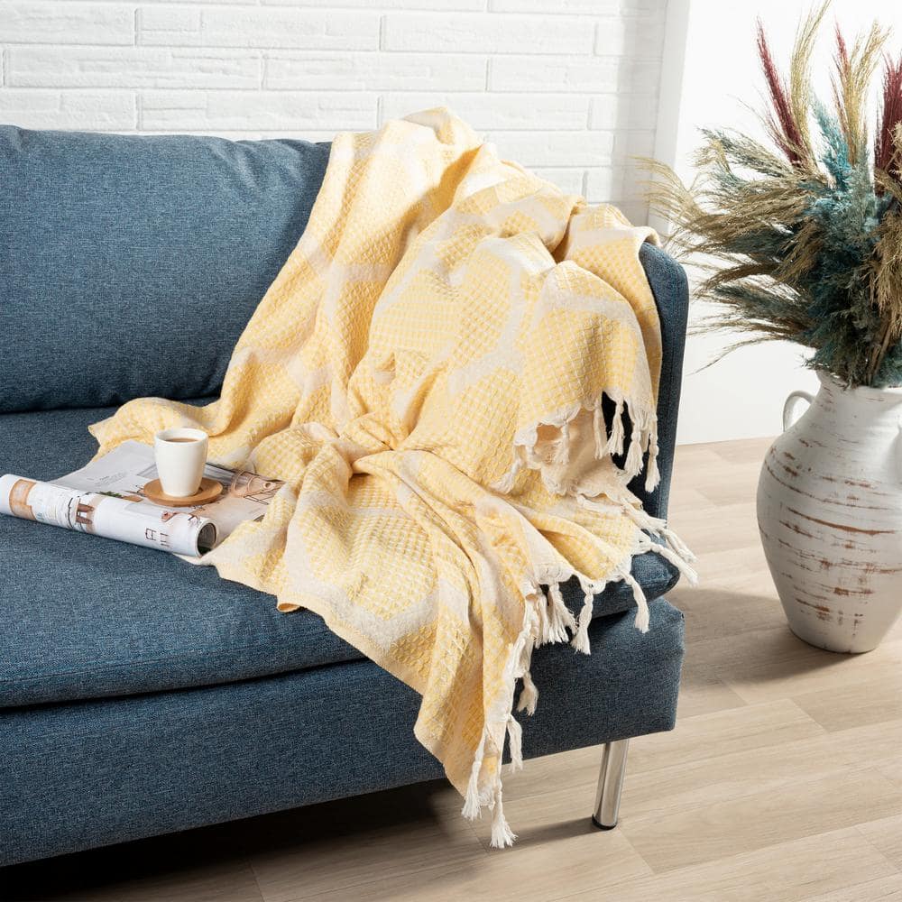 Yellow Honeycomb Pattern Turkish Cotton Throw Blanket with Tassels