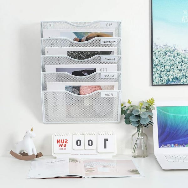 White 12.8 in. x 16.7 in. Metal Wall-Mounted Magazine Rack