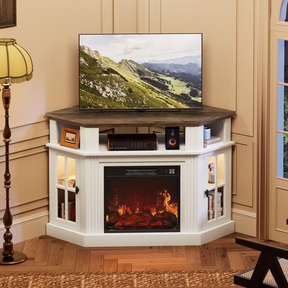LACOO 47 in. White Corner TV Stand with Fireplace and LED lights