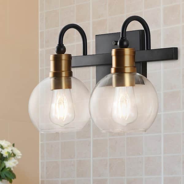 JONATHAN Y Marais 14.5 in. 2-Light Black/Brass Gold Iron/Glass Rustic Vintage LED Vanity Light