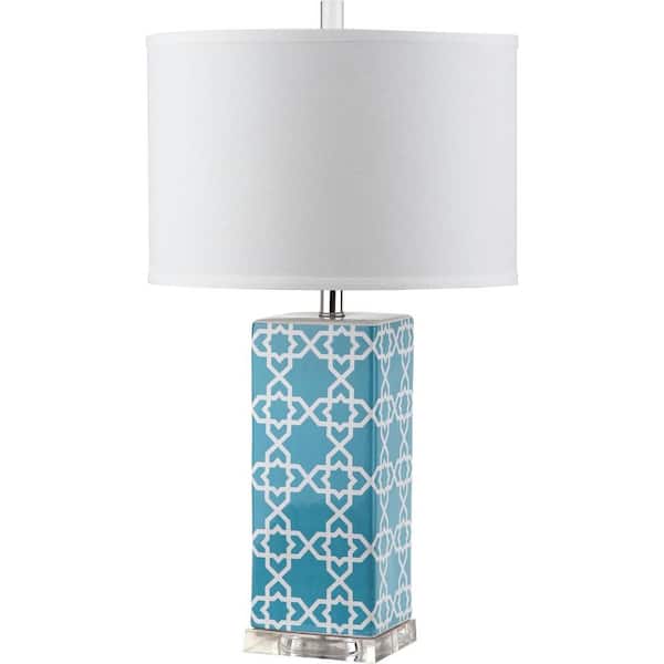 SAFAVIEH Quatrefoil 27 in. Light Blue Table Lamp with White Shade