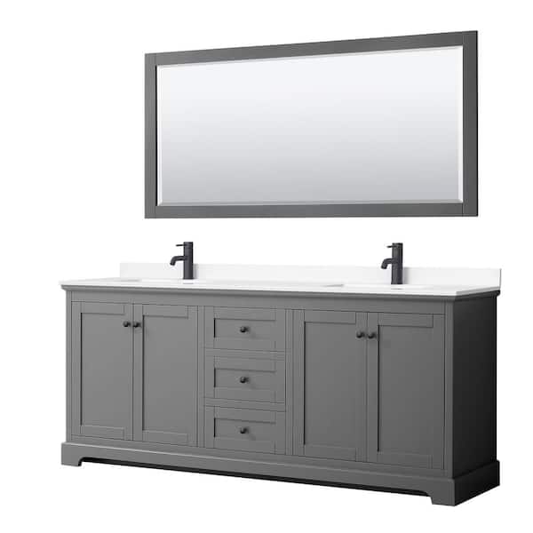 Wyndham Collection 80 in. W x 22 in. D x 35 in. H Double Bath Vanity in Dark Gray with White Cultured Marble Top and 70 in. Mirror
