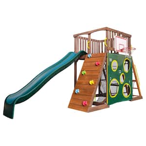 All-in-One Sports Adventure Wooden Outdoor Playset with Rock Wall, Basketball Goal and Sports Equipment