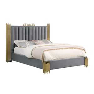 Clarisse Gray Velvet Fabric Upholstered Wood Frame Queen Platform Bed With Gold Stainless Steel Legs