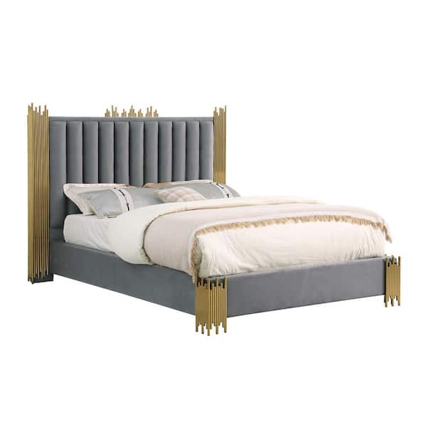 Best Quality Furniture Clarisse Gray Velvet Fabric Upholstered Wood Frame Queen Platform Bed With Gold Stainless Steel Legs