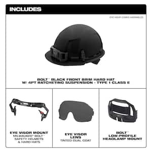 BOLT Black Type 1 Class E Front Brim Non Vented Hard Hat with 4-Point Ratcheting Suspension with BOLT Tinted Eye Visor