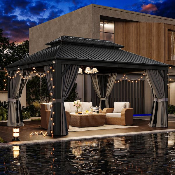 16 ft. W x 12 ft. D Patio Galvanized Steel Double Roof Hardtop Gazebo with Aluminum Frame, Ceiling Hook, Curtain and Net