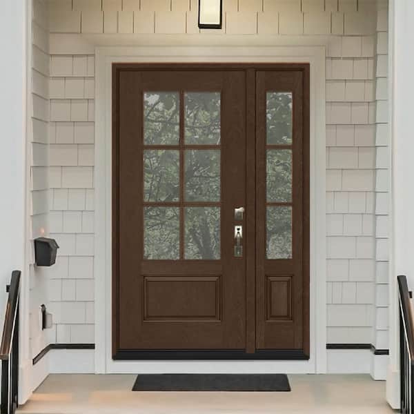 Regency 51 in. x 80 in. 3/4-6 Lite Clear Glass LH Hickory Stain Mahogany Fiberglass Prehung Front Door w/12in.SL
