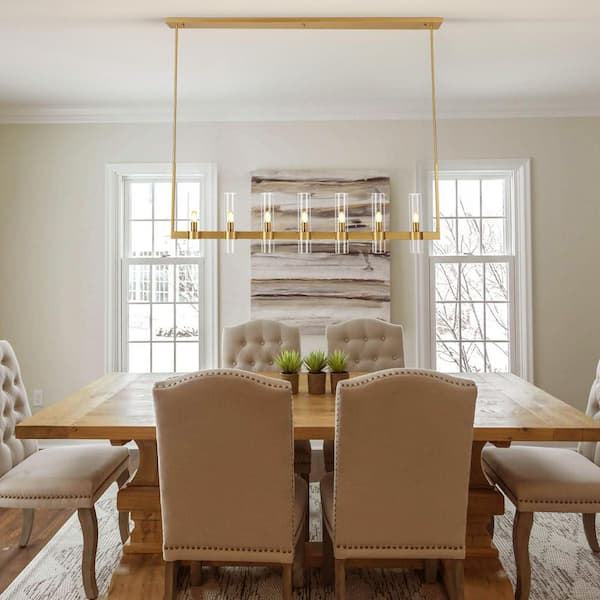7-Lights 55 in. Dimmable Gold Kitchen Island Linear Chandelier with Glass Shade for Foyer Living Room (Bulbs Included)