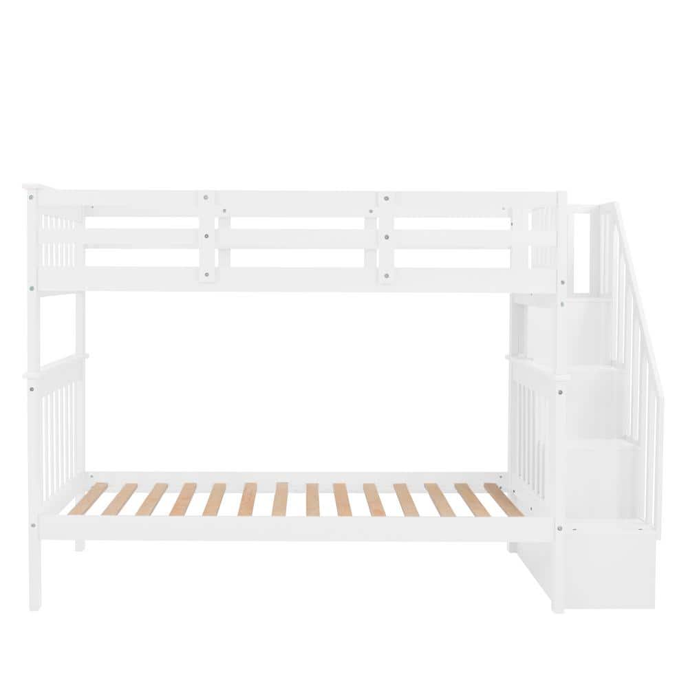 Modern Wood White Twin-Over-Twin Bunk Bed Size with Storage and Guard Rail for Bedroom, Stairway, No Box Spring Required -  URTR, WYX-129W